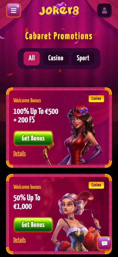 Joker8 Casino mobile promotions interface with bonuses and free-spin offers