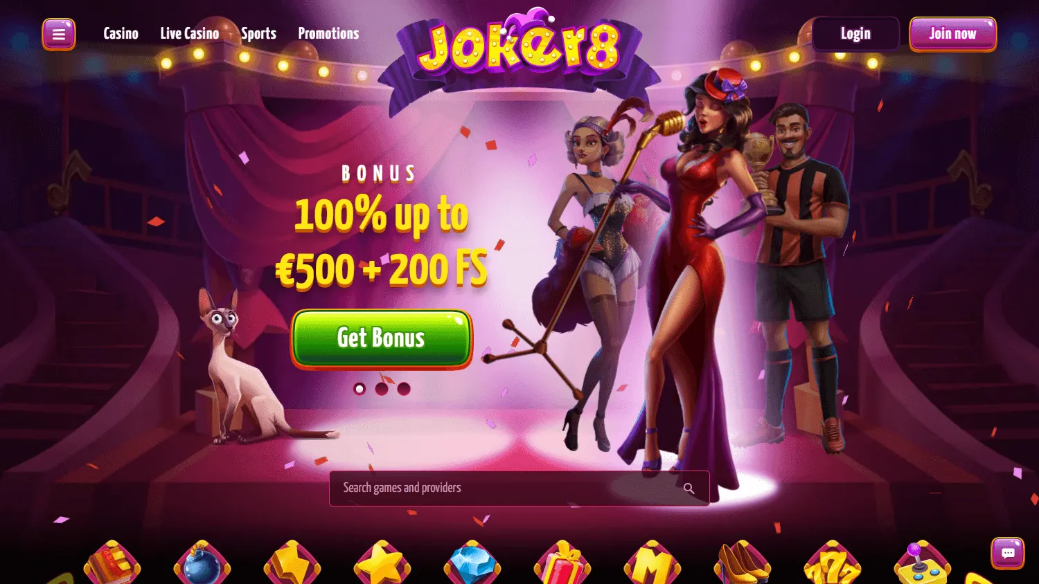 Joker8 Casino desktop home interface with Australian casino offers and account access