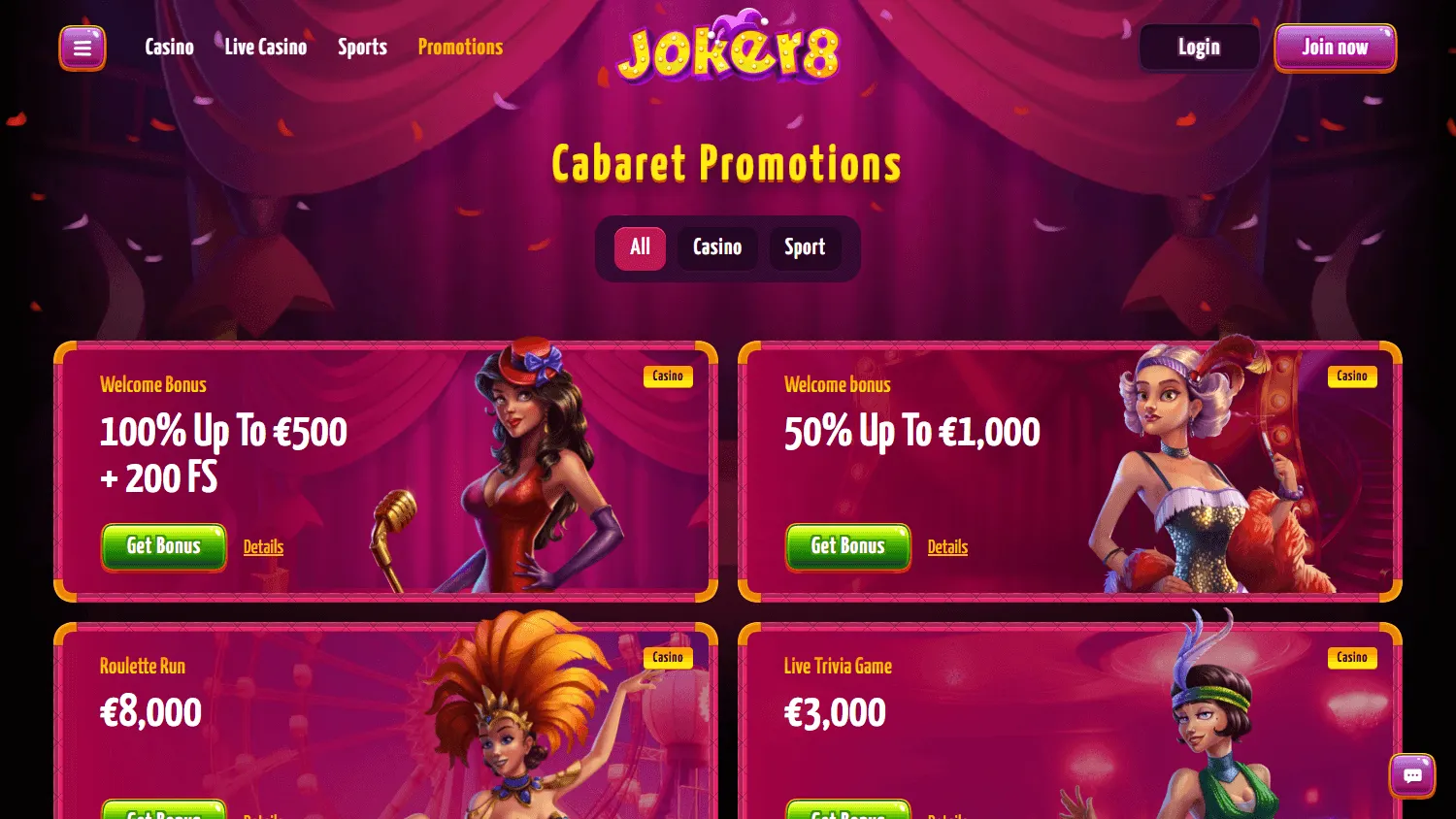 Joker8 Casino desktop promotions interface with welcome, reload and cashback offers