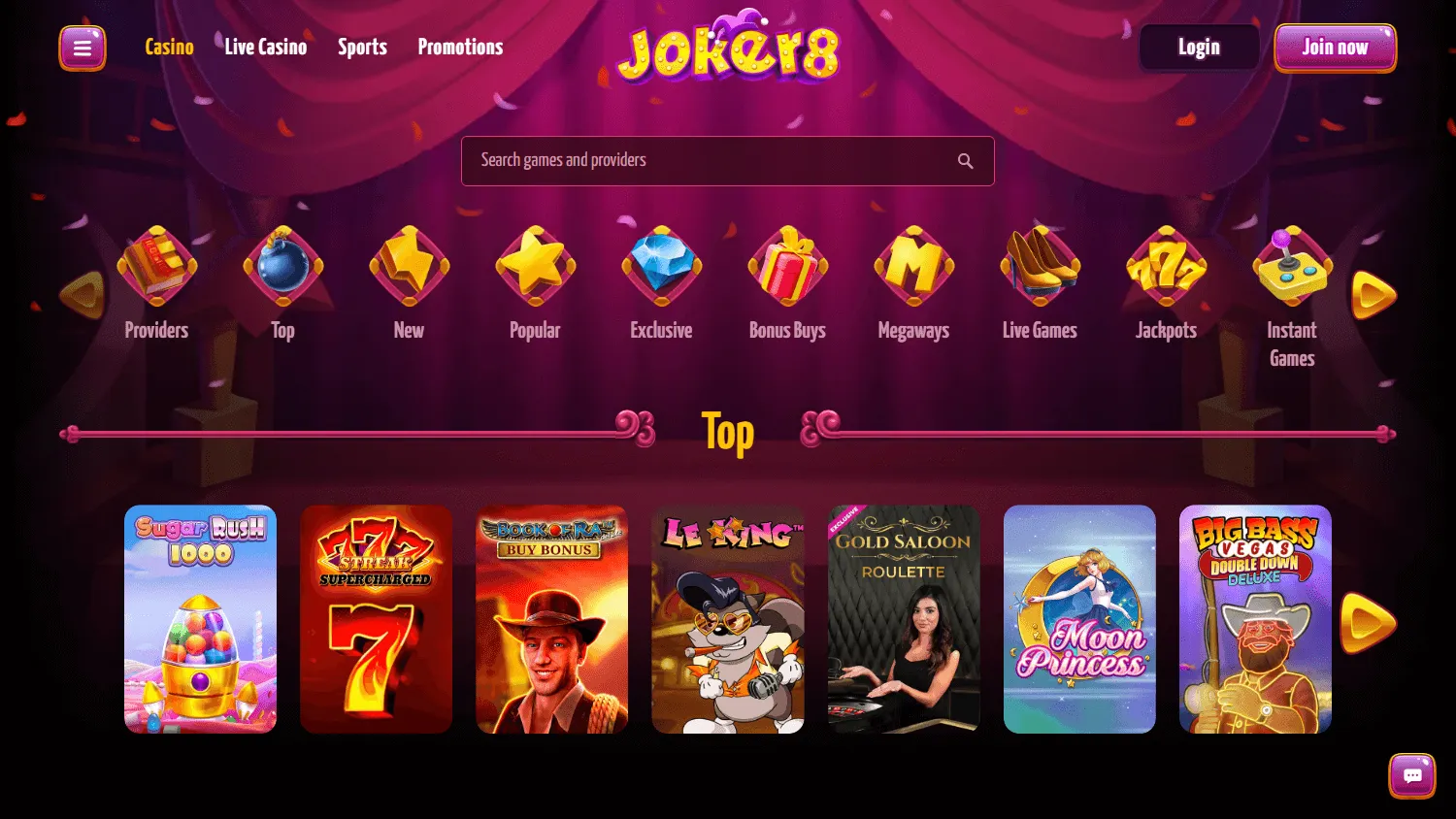 Joker8 Casino desktop games interface with slots, table games and live casino categories