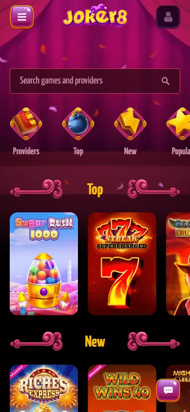Joker8 Casino mobile games interface with casino and live game categories